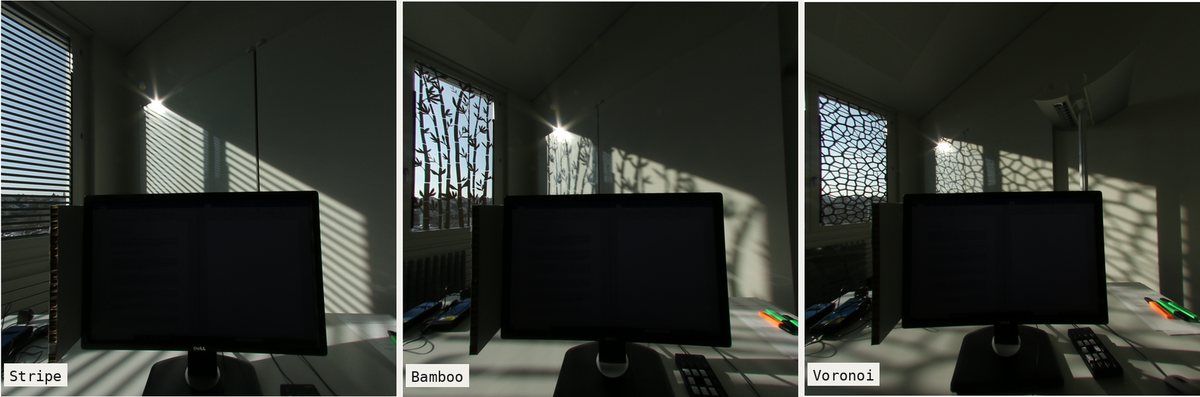 Sunlight patterns cast by stripe, bamboo and Voronoi façade panels in the test room