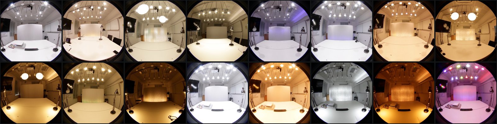 Sixteen fisheye photographs of one office-like room under different lighting scenes