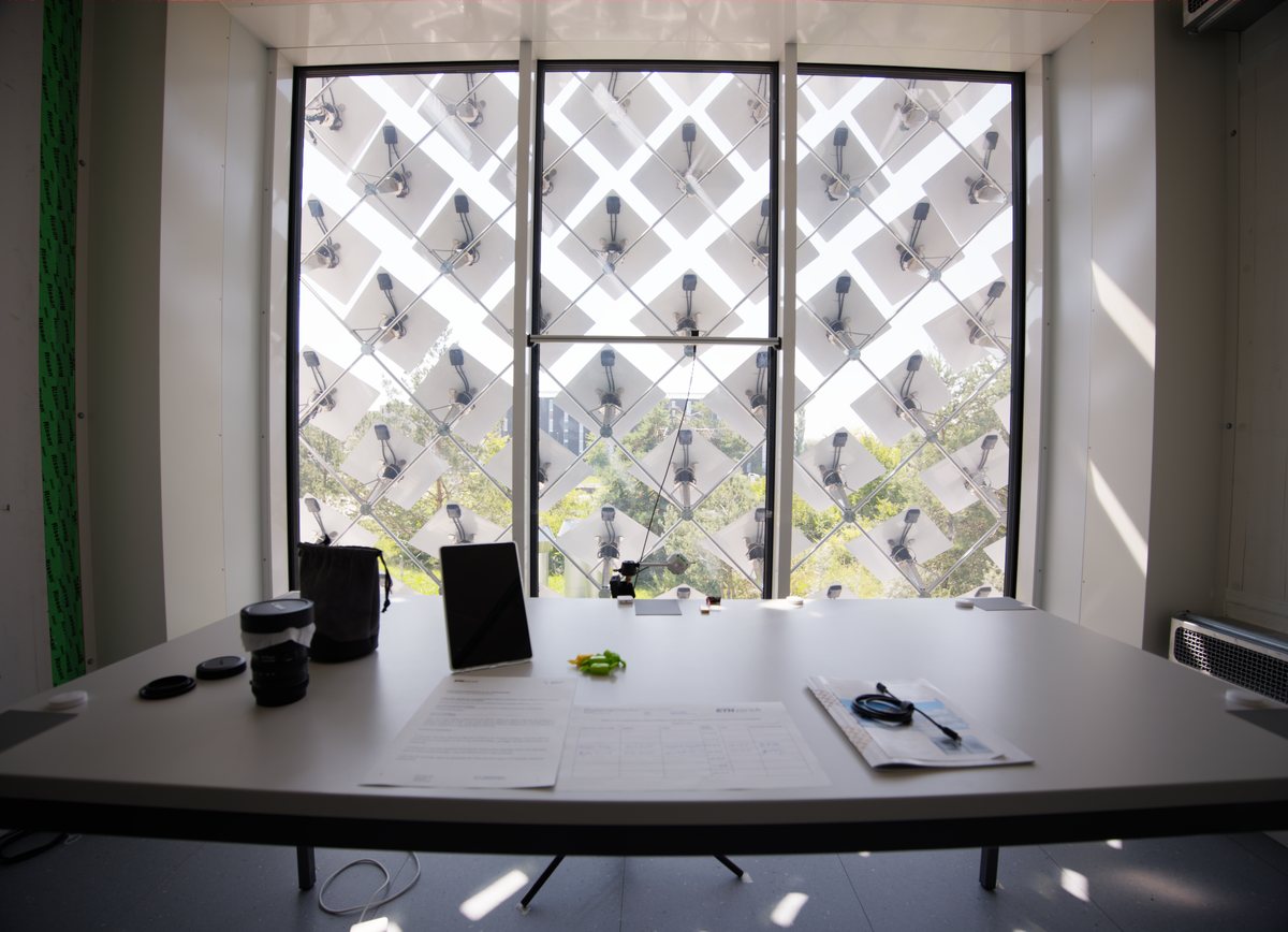 Solskin façade fully closed, seen from inside